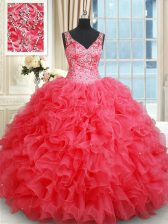  V-neck Sleeveless Backless Sweet 16 Dress Coral Red Organza