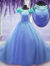  Scoop Ball Gowns Short Sleeves Blue Quinceanera Dresses Court Train Lace Up