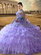 Classical Tulle High-neck Long Sleeves Lace Up Beading and Embroidery and Ruffled Layers Quinceanera Gowns in Lavender