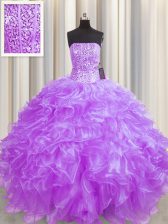  Visible Boning Lilac Sweet 16 Dress Military Ball and Sweet 16 and Quinceanera with Beading and Ruffles Strapless Sleeveless Lace Up