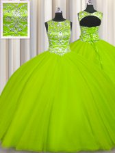 Super Scoop Floor Length Yellow Green Quinceanera Gowns Tulle Sleeveless Beading