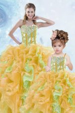 Eye-catching Sleeveless Floor Length Beading and Ruffles and Sequins Lace Up Quince Ball Gowns with Multi-color