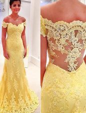  Mermaid Lace Yellow Off The Shoulder Neckline Appliques Short Sleeves Side Zipper