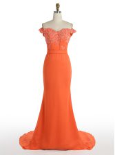 Fancy Mermaid Orange Off The Shoulder Zipper Lace Prom Dress Sweep Train Sleeveless