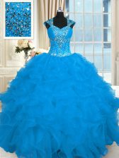 Cute Cap Sleeves Floor Length Beading and Ruffles Lace Up 15 Quinceanera Dress with Aqua Blue