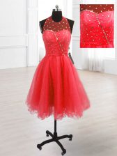 Sleeveless Knee Length Sequins Lace Up Prom Dresses with Coral Red