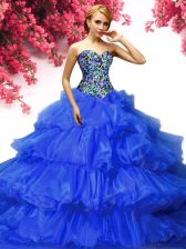  Royal Blue Ball Gowns Beading and Ruffled Layers Quinceanera Dress Lace Up Organza Sleeveless Floor Length