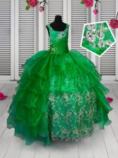 Customized Green Sleeveless Floor Length Appliques and Ruffled Layers Lace Up Little Girls Pageant Gowns