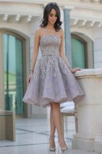  Grey A-line Strapless Sleeveless Organza Knee Length Backless Belt Prom Dress