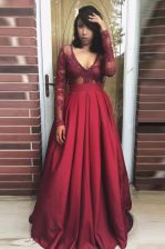  Burgundy Zipper V-neck Beading and Appliques and Pleated Prom Gown Satin Long Sleeves
