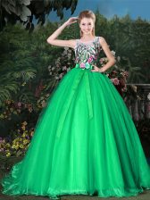 Nice Scoop Organza Sleeveless Sweet 16 Quinceanera Dress Brush Train and Appliques and Belt
