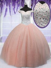 Best Selling Off the Shoulder Beading Sweet 16 Dresses Peach Lace Up Short Sleeves Floor Length