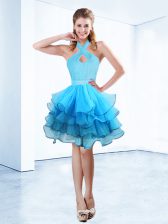 On Sale Halter Top Sleeveless Zipper Prom Evening Gown Baby Blue Organza