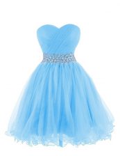Beauteous Baby Blue Prom Party Dress Prom and Party with Belt Sweetheart Sleeveless Lace Up