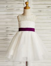  Scoop Mini Length Zipper Flower Girl Dresses for Less White for Party and Wedding Party with Lace and Bowknot