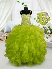  Yellow Green Ball Gowns Spaghetti Straps Sleeveless Organza Floor Length Lace Up Beading and Ruffles Little Girls Pageant Dress