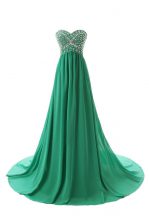 On Sale Sleeveless Chiffon With Train Court Train Zipper Prom Party Dress in Green with Beading
