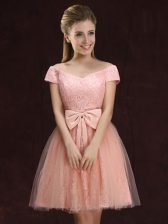 Classical A-line Vestidos de Damas Peach Off The Shoulder Tulle and Lace Short Sleeves Mini Length Lace Up