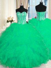 Artistic Turquoise Ball Gowns Beading and Ruffles Sweet 16 Dresses Lace Up Organza Sleeveless Floor Length