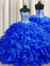 Dynamic Visible Boning Royal Blue Organza Lace Up Vestidos de Quinceanera Sleeveless Brush Train Beading and Ruffles