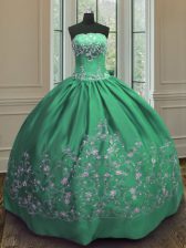 Designer Green Lace Up Strapless Embroidery Sweet 16 Dress Satin Sleeveless