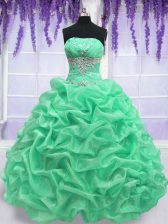 Latest Apple Green Organza Lace Up Quinceanera Dresses Sleeveless Floor Length Beading