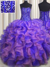 Spectacular Visible Boning Bling-bling Strapless Sleeveless Lace Up Quinceanera Dress Multi-color Organza