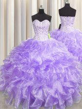 Smart Visible Boning Zipper Up Lavender Zipper 15th Birthday Dress Beading and Ruffles Sleeveless Floor Length