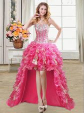  Sleeveless Organza High Low Lace Up Prom Dress in Hot Pink with Beading and Ruffles and Sequins