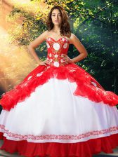  White And Red Ball Gowns Organza and Taffeta Sweetheart Sleeveless Embroidery and Ruffles Floor Length Lace Up Quince Ball Gowns