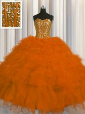  Visible Boning Sweetheart Sleeveless 15th Birthday Dress Floor Length Beading and Ruffles and Sequins Rust Red Tulle