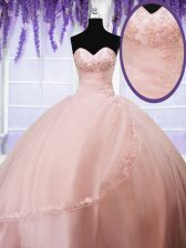 Ideal Baby Pink Ball Gowns Tulle Sweetheart Sleeveless Beading and Appliques Floor Length Lace Up Vestidos de Quinceanera