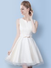  Scoop Sleeveless Tulle Knee Length Lace Up Court Dresses for Sweet 16 in White with Bowknot