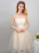  Champagne One Shoulder Neckline Lace and Appliques and Belt Damas Dress Sleeveless Lace Up