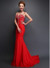 Custom Design Mermaid Red Spaghetti Straps Neckline Beading Prom Gown Sleeveless Zipper