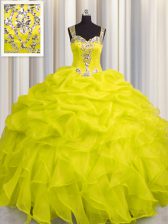 Nice See Through Zipper Up Yellow Sleeveless Appliques and Ruffles Floor Length Sweet 16 Dresses