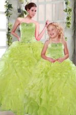  Yellow Green Ball Gowns Organza Strapless Sleeveless Beading and Ruffles Floor Length Lace Up Quinceanera Dresses