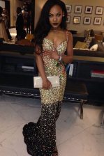 Nice Mermaid Beading Prom Party Dress Gold Zipper Sleeveless With Train Sweep Train