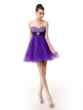  Purple Zipper Prom Party Dress Beading Sleeveless Knee Length