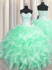 Excellent Visible Boning Floor Length Apple Green Quinceanera Dresses Organza Sleeveless Beading and Ruffles