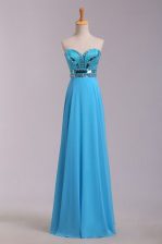  Sleeveless Chiffon Floor Length Zipper Dress for Prom in Baby Blue with Beading and Belt