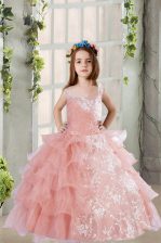  Sleeveless Organza Floor Length Lace Up Little Girls Pageant Dress Wholesale in Baby Pink with Lace and Ruffled Layers