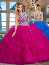 Luxurious Scoop Sleeveless Floor Length Beading and Ruffles Backless 15 Quinceanera Dress with Fuchsia