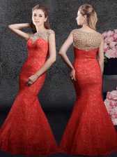 Shining Mermaid Cap Sleeves Floor Length Beading and Lace Zipper Prom Dress with Red