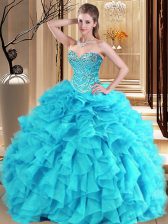  Aqua Blue and Turquoise Ball Gowns Sweetheart Sleeveless Organza Floor Length Lace Up Beading and Ruffles Sweet 16 Dress
