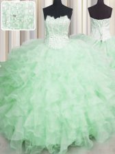  Scalloped Visible Boning Sleeveless Organza Floor Length Lace Up Sweet 16 Dress in Apple Green with Beading and Ruffles