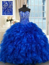  Sweetheart Sleeveless Brush Train Lace Up Sweet 16 Quinceanera Dress Royal Blue Organza