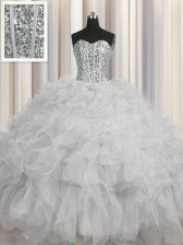  Visible Boning Grey Sleeveless Beading and Ruffles and Sequins Floor Length Quinceanera Gown