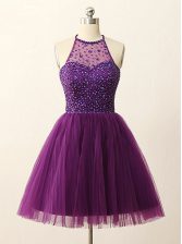 Captivating Halter Top Sequins Purple Sleeveless Tulle Zipper for Prom