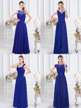Fabulous Royal Blue Empire Lace and Ruffles and Ruching Court Dresses for Sweet 16 Zipper Chiffon Sleeveless Floor Length
